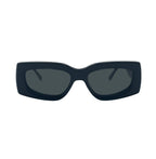 A pair of oversized square sunglasses with a thick matte black frame and dark gray lenses, shown against a plain white background.
