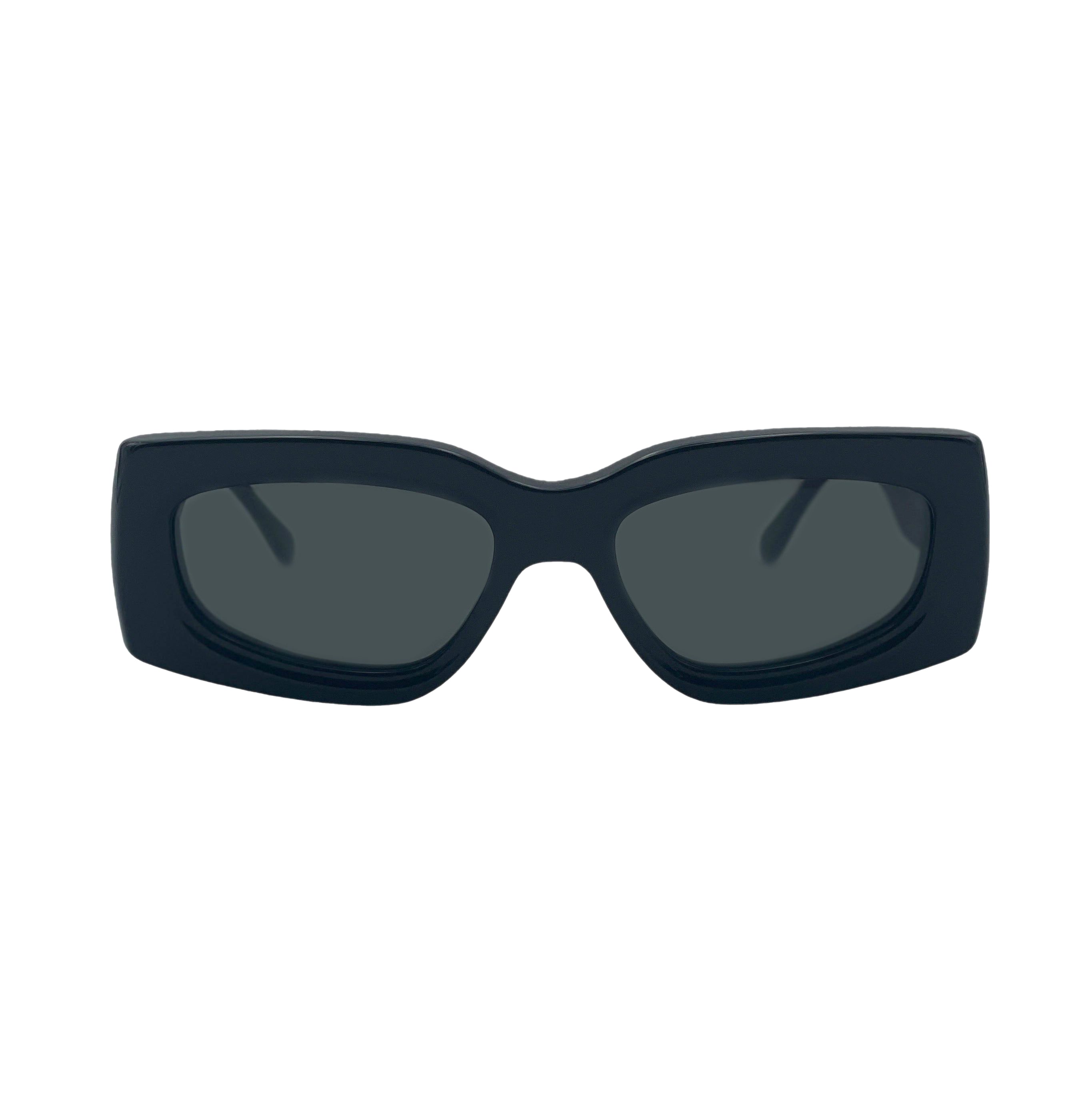 A pair of oversized square sunglasses with a thick matte black frame and dark gray lenses, shown against a plain white background.