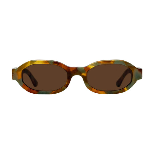 Octagonal sunglasses with a tortoiseshell patterned frame in brown, yellow, and green tones, paired with dark brown lenses, shown against a plain white background.