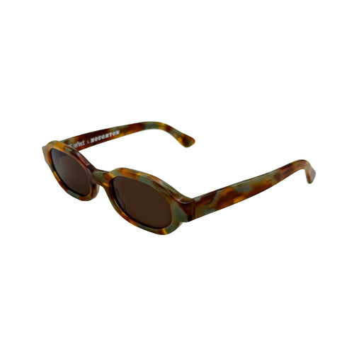 Octagonal sunglasses with a brown and green tortoiseshell acetate frame and dark brown lenses, shown on a plain white background.
