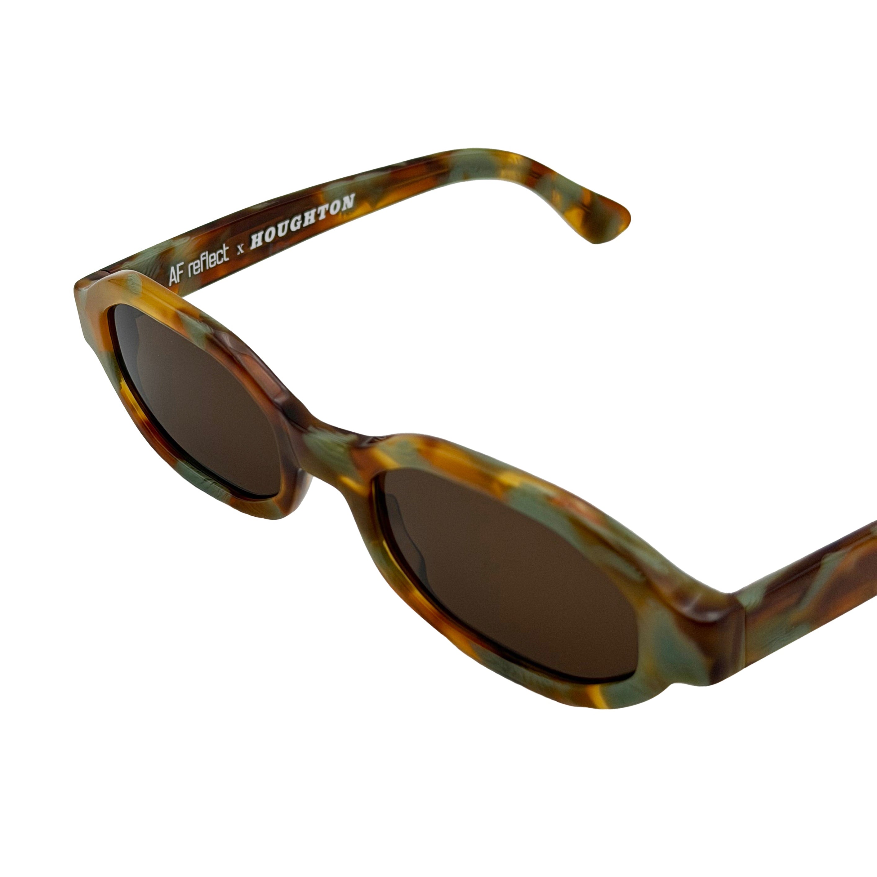 A pair of sunglasses with a tortoiseshell frame and dark brown lenses, set against a plain white background.