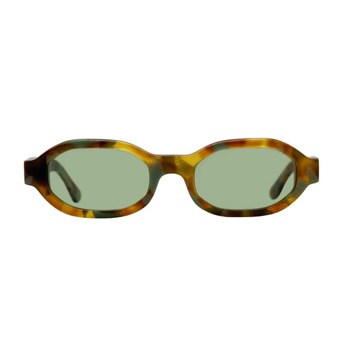 Octagonal sunglasses with a tortoiseshell patterned frame in brown and green tones, featuring light green lenses, shown against a plain white background.