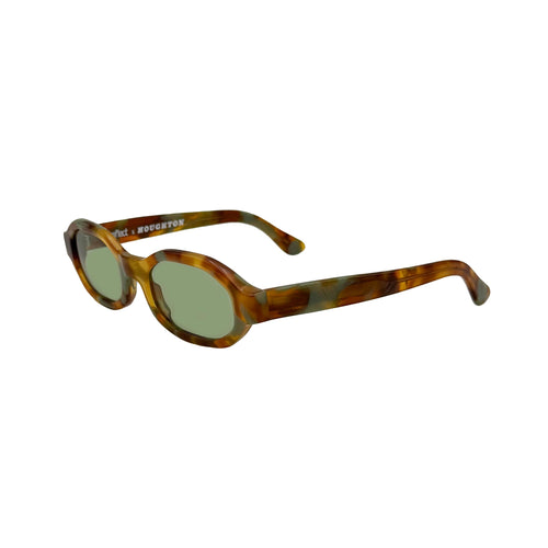 Octagonal sunglasses with a tortoiseshell patterned frame in brown and green tones, featuring light green lenses and  set against a plain white background.
