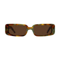 Rectangular sunglasses with a tortoiseshell patterned frame in brown, yellow, and green tones, featuring dark brown lenses.