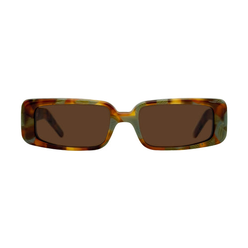 Rectangular sunglasses with a tortoiseshell patterned frame in brown, yellow, and green tones, featuring dark brown lenses.