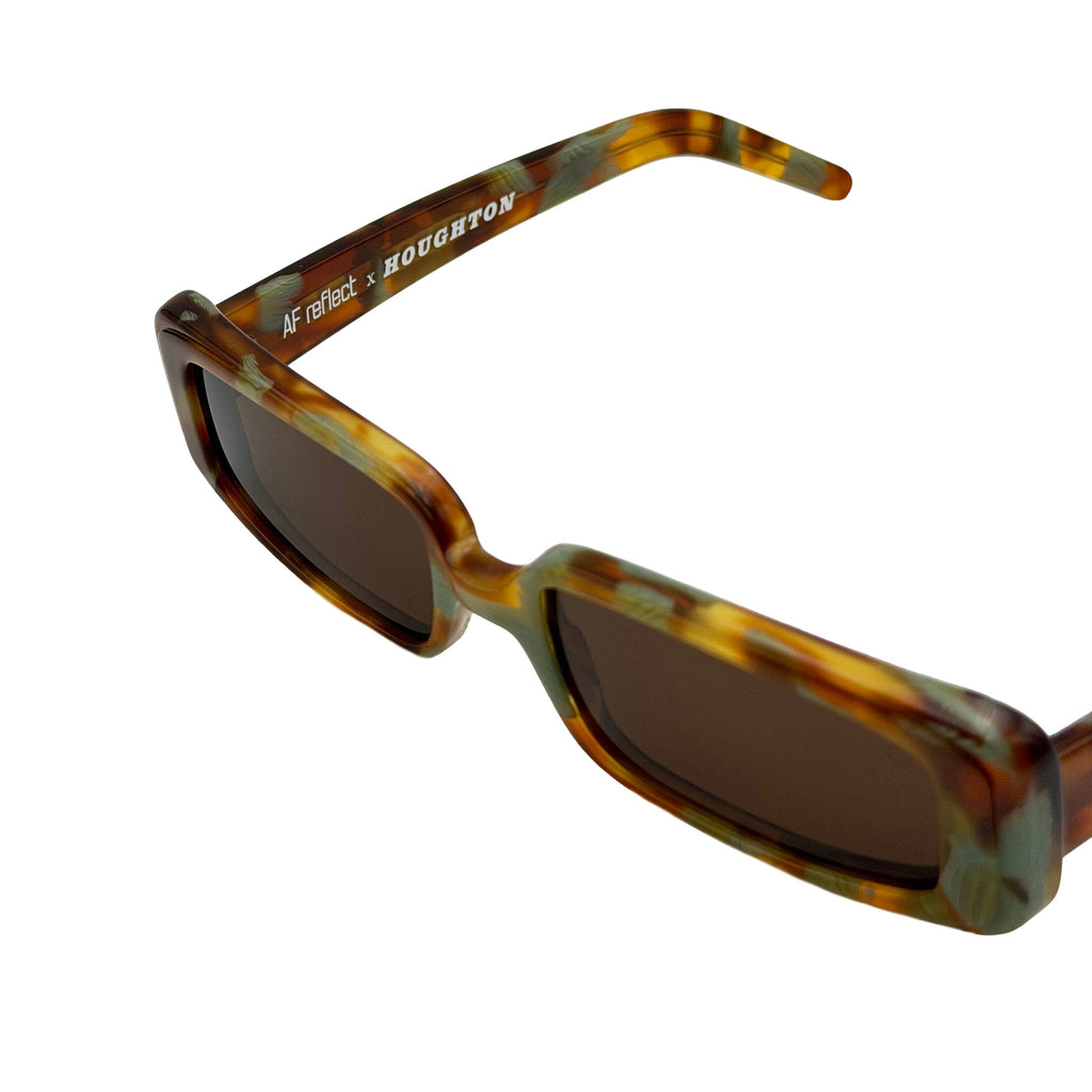 A pair of square sunglasses with a tortoiseshell pattern frame in brown, and green featuring dark brown lenses. set against a plain white background.