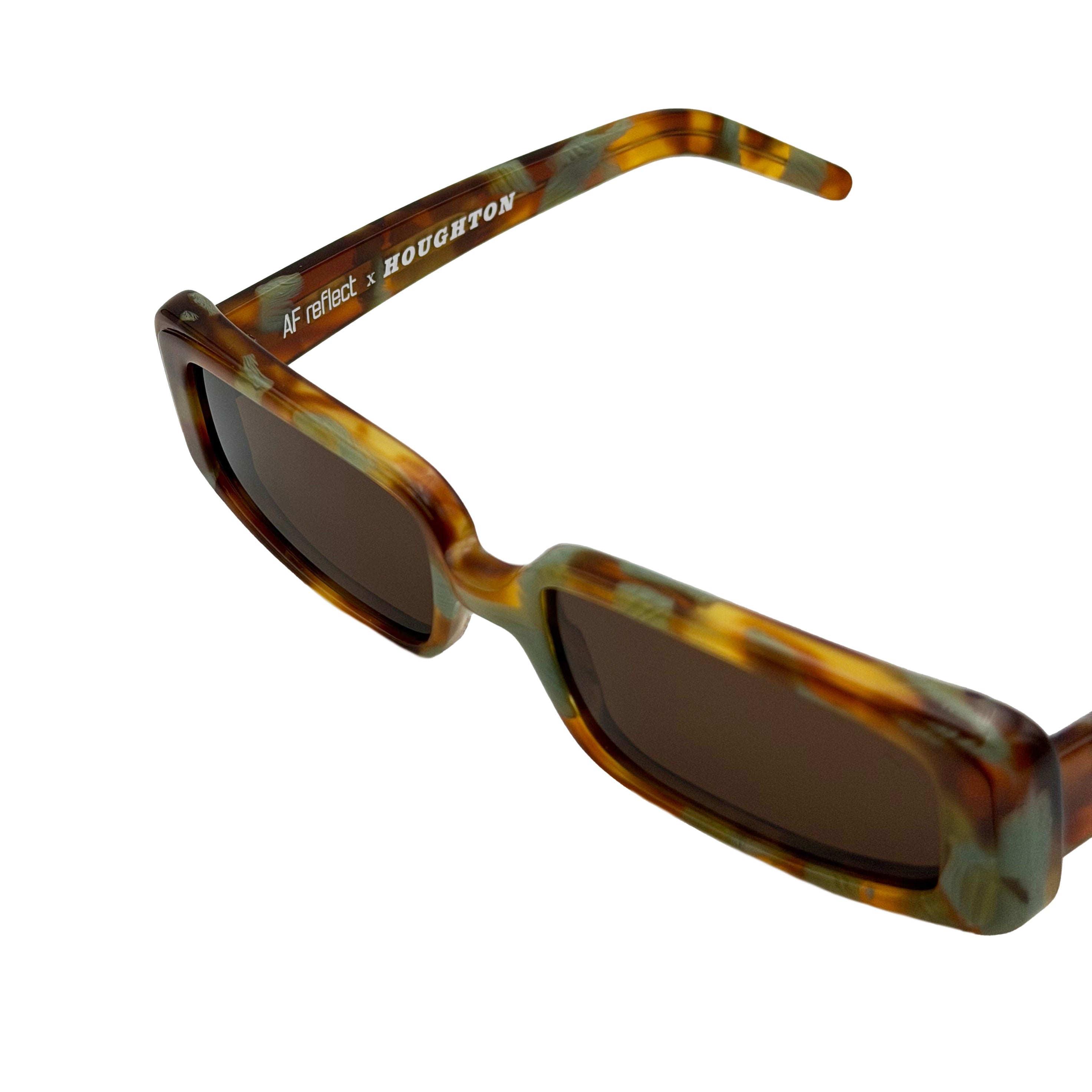 A pair of square sunglasses with a tortoiseshell pattern frame in brown, and green featuring dark brown lenses. set against a plain white background.