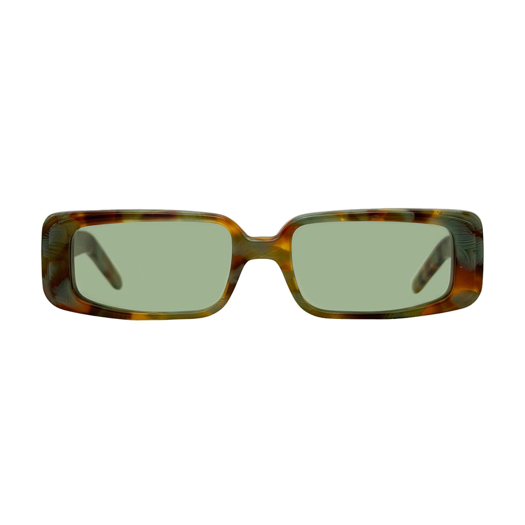 Rectangular sunglasses with a tortoiseshell patterned frame and light green lenses, shown against a plain white background.