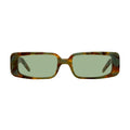 Rectangular sunglasses with a tortoiseshell patterned frame and light green lenses, shown against a plain white background.