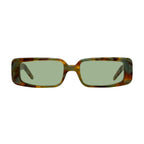Rectangular sunglasses with a tortoiseshell patterned frame and light green lenses, shown against a plain white background.