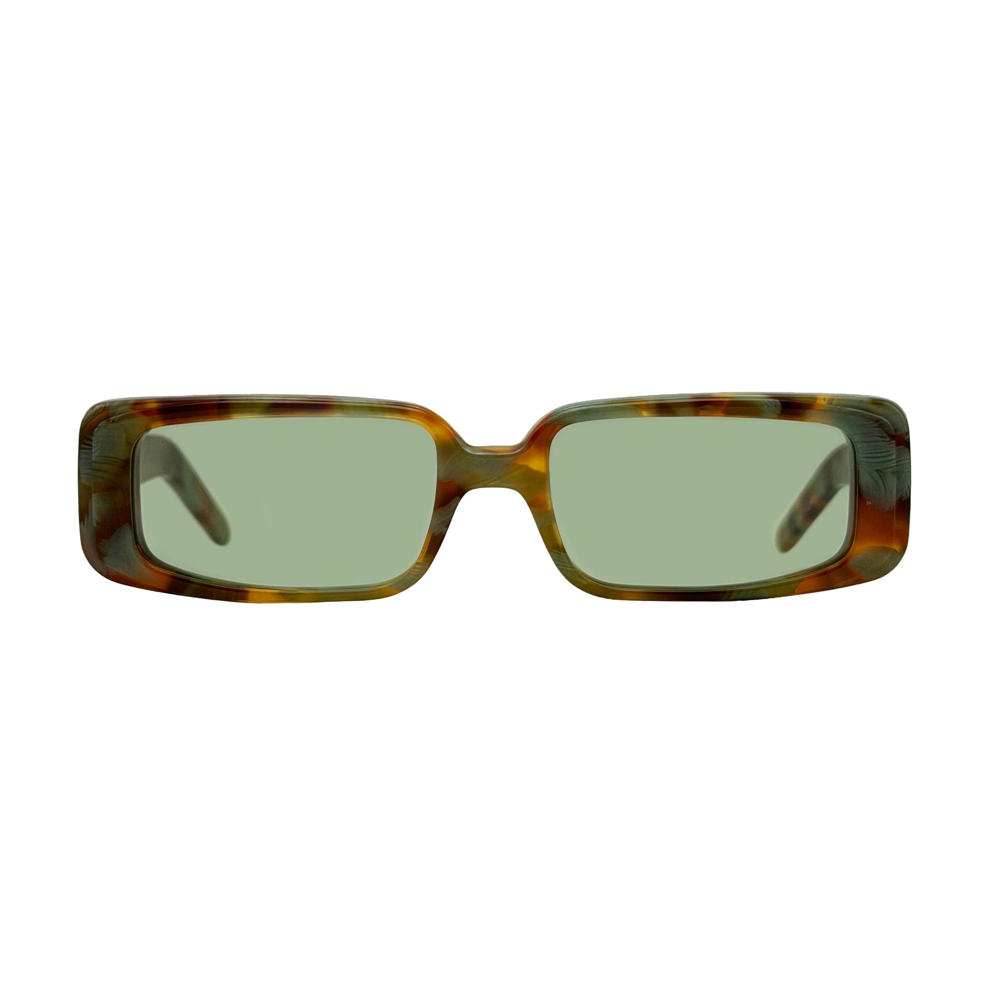 Rectangular sunglasses with a tortoiseshell patterned frame and light green lenses, shown against a plain white background.