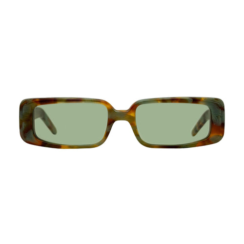 Rectangular sunglasses with a tortoiseshell patterned frame and light green lenses, shown against a plain white background.