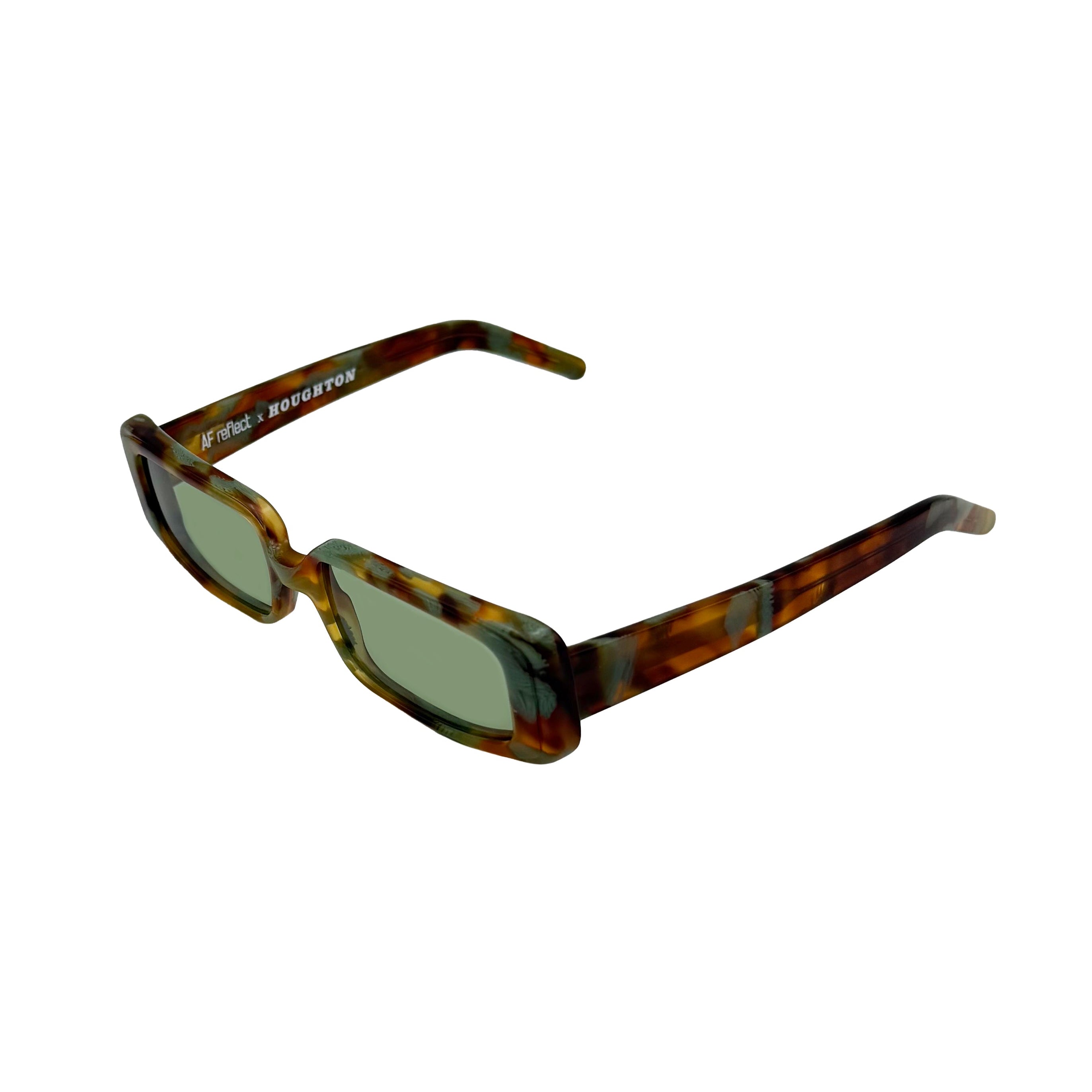 A pair of square-shaped sunglasses with a brown and green tortoiseshell patterned frame and green-tinted lenses.