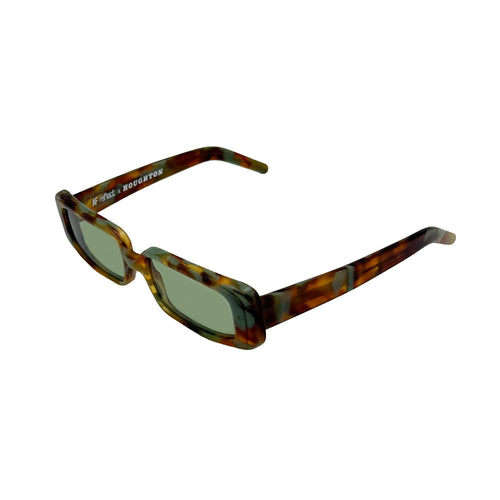 A pair of square-shaped sunglasses with a brown and green tortoiseshell patterned frame and green-tinted lenses.